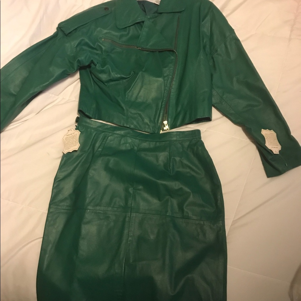 80s Vintage Avon Fashions Green Leather Skirt Suit